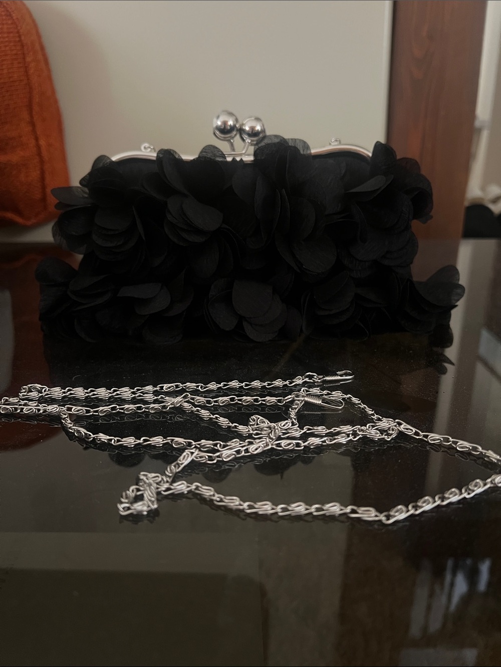Black Floral Petal Evening Clutch with Silver Chain Strap